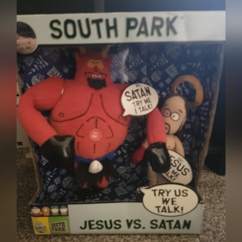 2002 Fun-4-All South Park Jesus vs. Satan L.E. Talking Plush Doll Set NIB Rare!